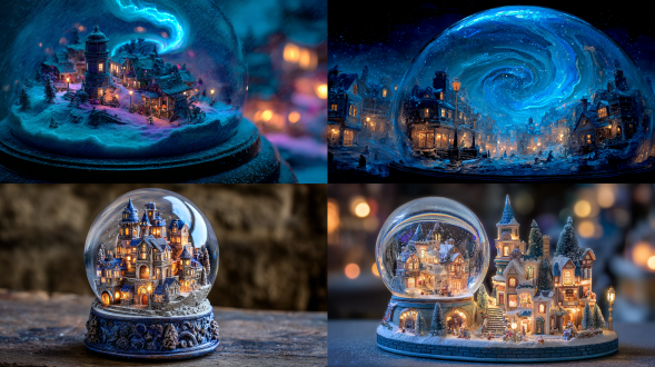 tiny neo-victorian village floating in a levitating snowglobe, magnetic snowfall spiral, glowing cobalt shadows