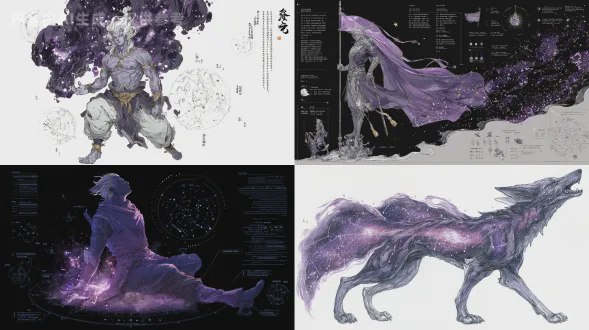 翟让（瓦岗寨创立者）的超详细角色设计渲染图，概念为啸聚群雄的天狼星魂，白色背景，水墨混合宇宙紫与银流星水彩，星座图与灵体形态图解附英文天文学注释，对月长啸的姿态，身躯化为星云与聚义旗，星野、义军营寨与天象缩略图，暗黑星宿国风，cg艺术，超高细节，孤高而激昂的领袖压迫感。