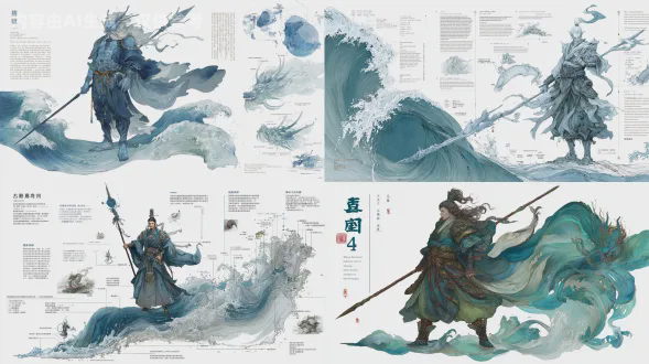 伍云召（第五好汉）的超详细角色设计图，概念为操控江河的怒涛龙王，白色背景，水墨混合普鲁士蓝与海沫白水彩，披风与能量流的流体力学图解附英文水文注释，立于浪头指挥若定的姿态，长枪前指召唤潮涌，水龙与洪水意象缩略图，暗黑水系国风，cg艺术，超高细节，汹涌澎湃、吞噬一切的压迫气势。