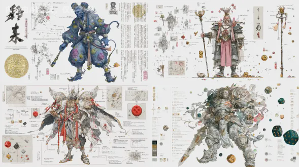 程咬金（第九好汉）的超详细角色设计稿，概念为操纵混沌的顽童之神，白色背景，泼墨混合多色吉祥符水彩，看似杂乱盔甲的解构设计附英文悖论注释，动态且难以预测的旋斧姿势，散落骰子、铜钱与混乱战场的缩略图，暗黑喜剧国风，cg艺术，超高细节，不可预测且压倒性的混沌压力。