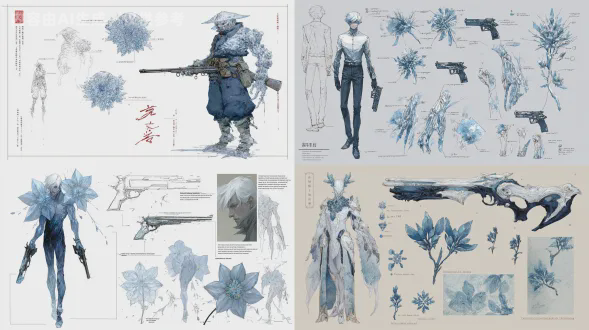 罗成（第七好汉）的超详细角色设计研究，概念为寒冰诞生的幽灵枪手，白色背景，青蓝水墨与霜白水彩融合，展示晶体肌肉结构的解剖草图附英文温度注释，蓄势突刺的姿势留下冰冻残影，枪法缩略图形成冰花，暗黑武侠国风，cg艺术，超高细节，冰冷刺骨的压迫感。