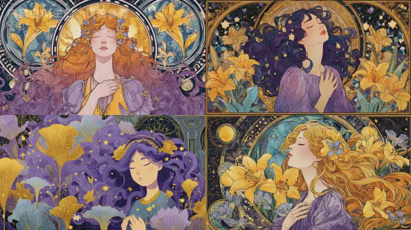 帮我生成图片：以阿尔丰斯·穆夏新艺术风格为核心，融合水彩晕染与金色装饰质感，创作一幅装饰艺术插画。特写画面。保留人物发型发饰，服装，闭眼，下巴微抬，双手放在胸口。长发如波浪般肆意卷曲、飘逸散开，整体姿态充满了流动感与艺术张力，发丝间点缀花卉；姿态柔美且富有韵律。以巨大、大量盛开的金色桂冠和蓝色勿忘我，金色百合为主要花卉元素，以及少量的金色星星和宇宙元素。自然灵动地环绕人物分布，花瓣层次丰富，搭配金色花茎与叶片。加入带有穆夏风格的几何图案装饰性边框，背景融入黑金色纹理与复古花纹，整体色调以紫、蓝，金，黑为主，呈现出华丽且富有艺术张力的视觉效果。
