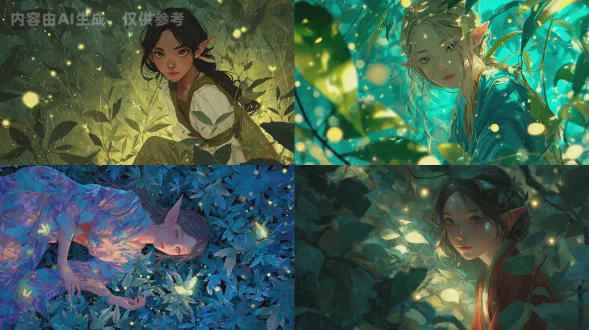 一个精灵女孩穿着天然植物编织的长袍，漂浮在充满活力、梦幻般的森林里。阳光透过树叶，萤火虫在她周围飞舞。她尖尖的耳朵和闪闪发光的眼睛散发着神秘的气息，带着温柔活泼的气氛