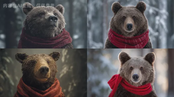 brown bear wearing a subtle red wool scarf, realistic textile detail, frosty forest background, professional portrait lighting, 85mm f/1.4