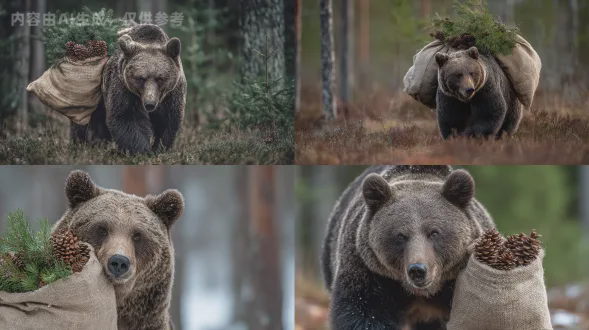 brown bear carrying a small sack made of burlap filled with forest gifts, pinecones sticking out, warm christmas touch, nikon d850 + 200–500mm