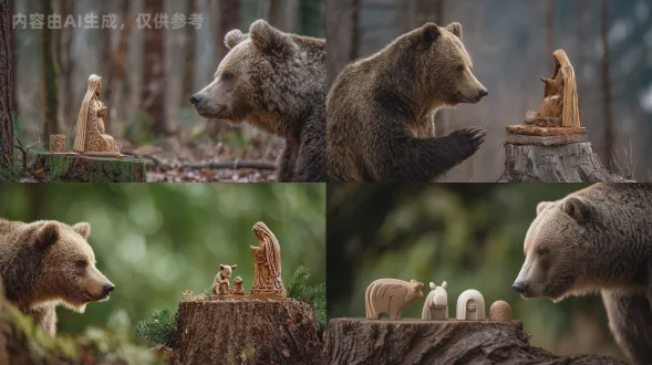 large brown bear looking curiously at a hand-carved wooden nativity ornament on a stump, natural wildlife composition, 200mm f/2.8