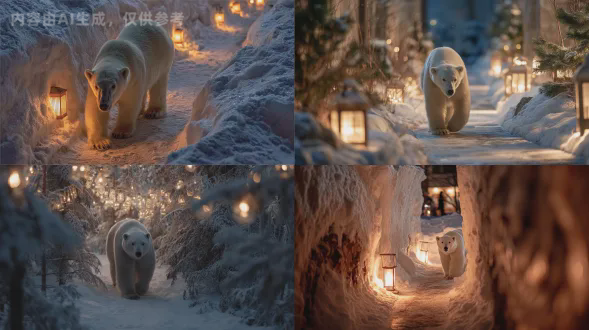 polar bear walking through a narrow frosted trail lit by warm lanterns, depth-filled cinematic shot, sony a1 + 70–200mm f/2.8