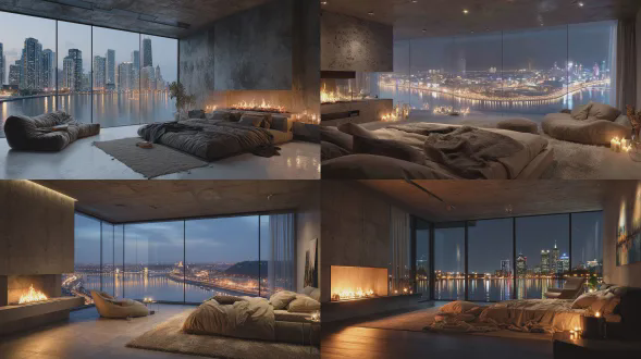 超豪华的冬日夜晚顶层公寓卧室，可俯瞰一条宽阔的河流，一整面墙是无缝的落地窗，展现城市天际线的全景夜景，水面上闪烁着倒影，温暖的环境照明，现代极简主义室内设计，混凝土天花板，柔和的米色和灰褐色色调，优雅的壁炉有柔和的火焰，设计师休闲椅，蜡烛和柔和的阴影，毛绒质感的床上用品，具有电影般的氛围，舒适又精致，高端生活方式摄影，8k，超逼真，富有深度与温暖，新怀旧奢华 reinterpretation 风格