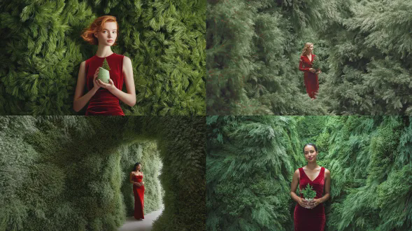 超现实艺术装置，一间完全被密集新鲜冷杉树枝从里到外覆盖的房间，形成雕塑般的活体墙壁（针叶不切实际地 pristine，无间隙），侧面轻柔包裹主体，呈现干净的高端编辑对比，一位冷静且发光的女性站立，身着锐利的红色天鹅绒紧身连衣裙，具有丰富纺织深度，在高光和阴影中表现得不切实际地完美，手持一个小型发光陶瓷罐，罐中心有一棵小冷杉树散发微妙内光，营造戏剧性的亲切节日情感，达成不可能的纹理真实感，无陈词滥调装饰，具现代2025创意营销氛围，镜头效果超清晰，散射光有优质柔和感