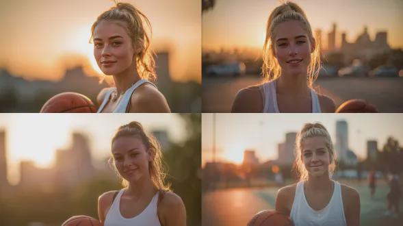 19岁美国白人女生，户外篮球场，篮球夹臂下，柔和夕阳余晖，城市天际线背景，特写镜头，85mm f/1.2大光圈，浅景深，黄金时间光线，自然微笑，青春活力，运动休闲装扮，简约白色背心，高马尾发型，肤色健康，温暖高光，冷调阴影，动态平衡构图，生活气息，约会应用风格，数码单反质感，真实肌肤纹理，柔和散景