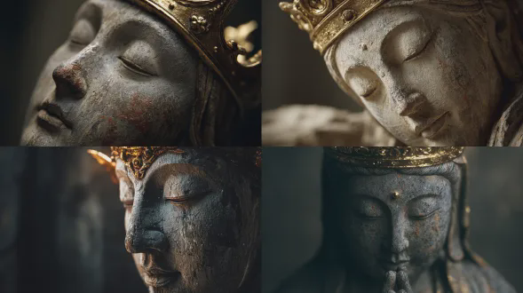 古老观音菩萨石像特写，双眼轻闭祈祷姿态，风化纹理与金色冠饰，柔和空灵光线细腻阴影，宁静神情，暗沉模糊背景，超写实风格，灵性冥想氛围，丰富细节深沉情感，微距镜头，侧顶光，低饱和度，石质感，神圣神秘，细腻雕刻，柔和渐变，静谧庄严。