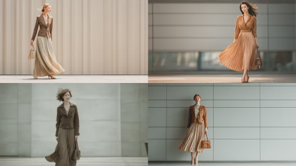 30岁高加索女性模特，v领棕色短款夹克，百褶长裙，尖头鞋，手提包，极简跑道背景，自然站立，优雅自信，中性色调，柔和光线，中焦距镜头，浅景深，时尚摄影，都市风格，微风轻拂发丝，淡妆，微笑表情。