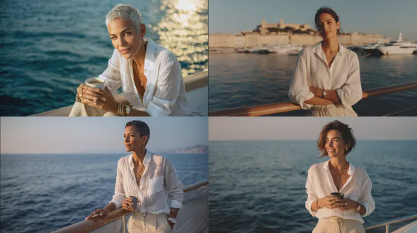 一张卡洛斯的逼真照片，她是一名30岁的西班牙商人，拥有年轻运动员般的健壮身材，脸部稍宽，皮肤光滑健康，留着短的盐椒色头发。展现出优雅、运动且放松自信的气质。卡洛斯站在豪华游艇甲板上，手持晨间浓缩咖啡，眺望平静的地中海。她穿着微微解开纽扣的白色亚麻衬衫、浅沙色休闲裤，戴着一枚精致的百达翡丽手表。柔和的金色阳光映照在水面，在她脸上形成温暖高光，呈现干净的徕卡风格色调。采用柯达portra 400拍摄，具有自然色彩、柔和对比和柔和颗粒感。