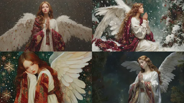 一幅充满同情与慈善的圣诞天使肖像，一位有着飘逸长发的美丽女子，身着带有深红和金色点缀或披肩的精致飘逸白色长袍。拥有巨大的 radiant 白色翅膀，带着温柔忧郁的神情祈祷或祈求世间和平，以温柔慈爱的目光注视着下方迷失的灵魂，眼中透着柔和的怜悯之光。受阿尔方斯 穆夏启发的姿势与华丽飘逸的织物，呈现丰富 vibrant 的圣诞卡色彩，有深绿色的常青树、浓郁的深红色、奢华的金色点缀、飘落的雪花，营造寂静神圣的夜晚氛围。她漂浮在星空下，充满神秘魔幻的圣诞氛围，蕴含宁静情感，具高度详细的逼真油画美学。风格类似伦勃朗、artgerm、roberto ferri、scott waddell。