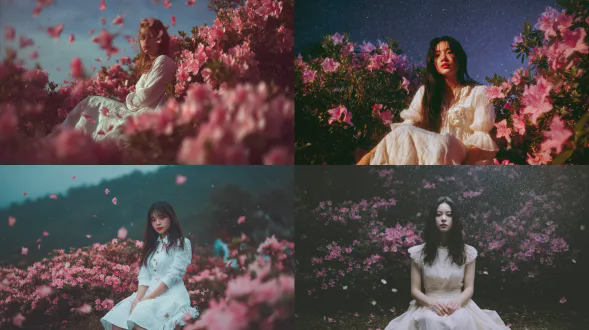 "年轻女子身着白色连衣裙，坐在盛开的杜鹃花田中，正面视角，繁星夜空背景，自然光线，柔和色调，广角镜头，浅景深，温柔表情，思念情感，花瓣飘落，梦幻氛围，细腻肤质，柔焦效果，宁静感，浪漫风格。"