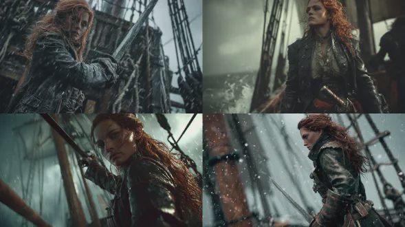 安妮邦尼站在甲板上，剑高举，暴风雨中的大海背景，破旧帆船，电影英雄光线，超逼真纹理，无畏与反叛氛围，8k超细节，高对比度，动态构图，侧光，特写镜头，皮革与金属细节，狂风暴雨，浪花飞溅，坚定表情，红发飘动，深色调，电影现实主义，超高清，史诗感