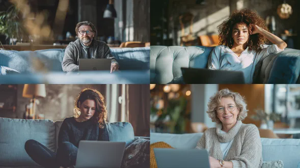 一位放松的专业人士舒适地坐在浅蓝色沙发上，打开着笔记本电脑，有柔和的自然日光，身处中世纪现代风格的客厅，有着温暖的质感，笔记本电脑屏幕上有微妙的反射，显示出模糊的用户界面或分析图形，是生活方式编辑摄影，有着真实且随意的氛围，具备高端科技美学，没有摆拍，是真实的瞬间，采用浅景深，有着柔和的调色板。