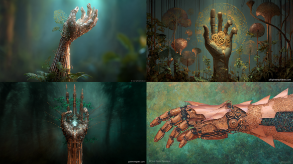 树木状自动机手部主体与构图：创作一幅超现实、半抽象的人手从画面底部中心垂直升起的艺术作品，手指微微卷曲，好似握着无形球体。构图从手腕至中指指尖精准垂直分为两半，左半部分代表自然/生长，右半部分代表“机器/结构”。背景是从深森林绿渐变至温暖工业铜的柔和过渡。纹理与材质：整体形态非肉体质感。左侧（自然）侧似由编织纤维素、半透明叶子及生物发光真菌构成，具柔软、微 fuzzy 的有机纹理。右侧（机器）侧由抛光黄铜齿轮、花丝钟表部件和含微型活塞的透明玻璃管搭建，有坚硬金属反光质感且带高光。左侧部分（自然/生长）：此半部分内部是茂密发光植物生命。静脉：无血管，粗壮脉动的根发柔和电绿色光，泵送发光绿汁液。皮肤：外层是重叠半透明骨骼状叶子，露出发光根，指关节处长有微小生物发光蓝蘑菇。指尖：此侧指尖展开成精致蕨类叶与发光磷光花。右侧部分（机器/结构）：此半部分内部是精准滴答作响的机械装置。骨骼：被黄铜大梁与旋转齿轮的复杂电枢取代，透过透明玻璃可见。能量：微小真空管发温暖橙色光，节奏脉动似心跳，可见微型活塞在手指处压缩释放。指尖：此侧指尖是铰接金属爪，末端有旋转透镜，像古董测量工具。分界线：分隔两半的垂直线不规整，是冲突融合的活跃区，可见机器侧细铜线刺入有机侧，自然侧常春藤卷须缠绕弄脏黄铜齿轮。色彩调色板：主色为翡翠绿、生物发光石灰绿、抛光黄铜/金色、温暖铜色； accent 色有电蓝色（真菌）、火红橙色（真空管）。整体印象：该作品展现有机与合成的冲突、自然力量与工程精确性的对比，具蒸汽朋克与生物朋克美学。