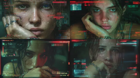 超写实赛博朋克风格的年轻女性肖像，处于昏暗的青绿色灯光数字小房间内，极端特写头部和肩膀，脸部居中， intensely凝视观看者，手按在嘴唇上，呈现紧张沉思的姿态，皮肤湿润多汗且有闪亮高光，脸上有水珠、细微污垢和划痕，凌乱潮湿的头发垂在额头，画面底部有金属链条紧紧缠绕手腕，真实的金属反光、透明全息hud屏幕与故障界面面板飘浮在脸部周围，红色和青色增强现实显示，半透明，部分显示模糊的监控视频、人影、文本块和安全馈送，有数字噪点和扫描线，细微色差，皮肤有强烈青绿色和绿色色偏，屏幕透出红色光线，忧郁的电影布光，高对比度，深色背景渐隐入阴影，浅景深，柔和散焦，具监控、囚禁与数字控制氛围，紧张情感的镜头，似科幻惊悚电影剧照，50mm镜头，f/1.8，超细节，8k，电影色彩分级，轻微胶片颗粒，变形镜头效果