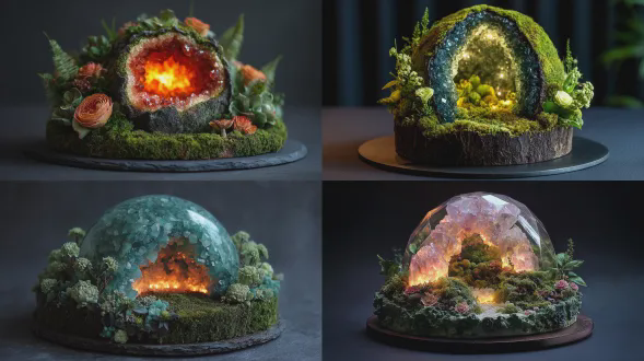 a sugar geode dome cake, crackling with edible crystals and glowing from within, framed by mossy green sponge and forest florals, very detailed