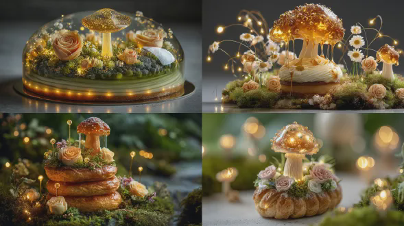 a luminous woodland pastry crowned with a crystalline caramel mushroom, its glass-like cap dripping tiny golden droplets; swirled vanilla cream spirals rise between layers of honey-laced brioche, surrounded by blooming sugar roses and mossy marzipan, softly glowing with trapped fairy lights, very detailed