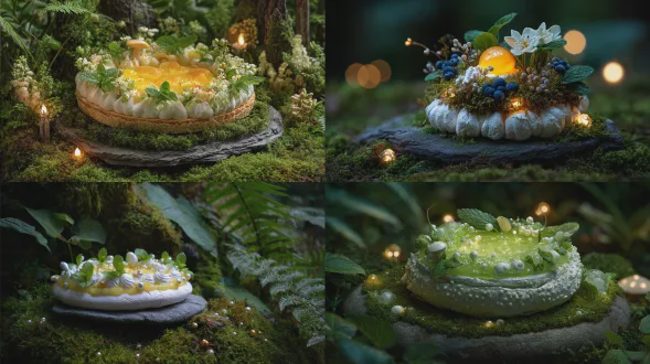 a fairy pavlova filled with glowing lemon curd, adorned with mint leaves and edible pearls, resting on a moss-covered stone in an enchanted glade, very detailed