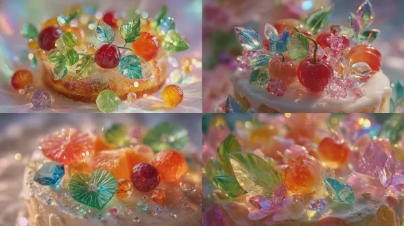 宝石果园仙女蛋糕，蛋糕顶部镶嵌发光的糖宝石水果，水晶叶片折射棱镜色彩，极尽精致，俯视构图，童话风格，高饱和度色彩，柔焦背景，特写镜头，微距摄影，梦幻光影，晶莹剔透，多层次质感，闪耀细节，温暖氛围，欢愉情绪。