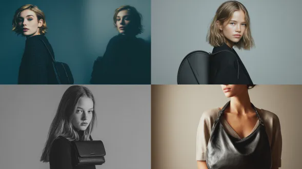 写实工作室照片，年轻斯堪的纳维亚女孩右肩挎黑色手提包，侧视图，完整包身清晰可见，中性表情，自然光，纯色背景，极简时尚风格，无商标图案，高分辨率，柔焦效果，近距离特写，冷色调，柔和阴影，专业布光，模特直视镜头，简洁构图，低调优雅，现代感，服装简洁剪裁，皮肤细节真实