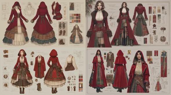 蒸汽朋克风格的圣诞节，一件深红色天鹅绒的长款有结构的外套连衣裙，带有棕色毛皮镶边的连帽。一件高领奶油色衬衫，以及分层的格子和蕾丝裙。红色、绿色和棕色，棕色皮腰带，蒸汽朋克发条装置配饰，时尚插画，全身图和细节特写框带注释以及色板框