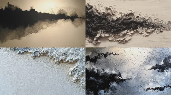 极简厚涂艺术作品，通过厚重颜料的大胆涂抹暗示出一个女人的剪影，类似阴影的边缘，不完整且溶解，密集纹理区域与空白画布形成对比，萦绕且诗意，富有表现力的笔触运动，微妙的单色调色板，carlos28355