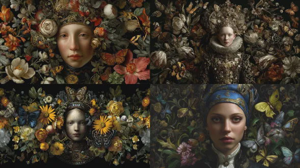 蝴蝶与花朵环绕的女性，对称构图，超写实细节，卡拉瓦乔光影，深色背景，巴洛克风格，克里姆特装饰，奇幻生物，金属光泽，繁复花纹，高饱和度，戏剧性侧光，微距镜头，华丽头饰，神秘微笑，深邃眼神，古典油画质感，超现实色彩，细腻笔触，神圣氛围。