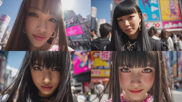 一幅超写实的极端特写肖像，正面视角，日本原宿女孩于白天的涩谷街头，与镜头直接对视，面带柔和自信的微笑，用尼康z9拍摄，呈现2000年代原宿风格，长直发完全垂下，有原宿风格妆容，明亮日光下有清晰城市阴影，背景有饱和的流行色广告牌，以超写实且细节丰富的风格呈现