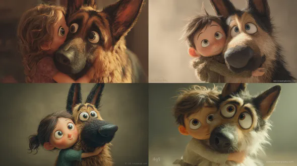 可爱情感类故事书插画，描绘一个孩子拥抱一只忠诚的德国牧羊犬，有着超大且表情丰富的眼睛，柔和的绘画纹理，温暖的漫射光照，带些许3d黏土渲染质感，细微的笔触，柔和的景深，异想天开的梦幻氛围，柔和 muted 的暖色调，毛发和皮毛高度精细，背景干净，电影化布光，高写实与风格化角色设计结合，“wanderingpixels”风格，超高细节，8k，艺术站热门风格。