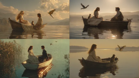 电影场景，非常逼真：在一个美丽的晴天，在一片平静的湖面上。金色的晨光照耀在平静闪烁的水面上。一艘小型的双人木制小船轻轻漂浮着。一位年轻美丽、快乐、充满爱意的女子，有着长长的飘逸的金发，穿着飘逸的白色连衣裙，坐在船上。在她对面，同样坐在船上的是一位英俊、浪漫的黑发男子。一只虎斑猫坐在她旁边。一层轻雾笼罩着湖泊，带着迷人的低语。太阳升起，柔和的金色反光在涟漪中飘动。细节渲染，精细的材质：木材的纹理，织物的质感，自然的皮肤。颜色：温暖、晴朗的早晨色调，带有柔和的金色反光。一只鹦鹉在恩爱的情侣上方飞翔。氛围：宁静、浪漫、晴朗、神奇。平衡的构图。柔和、温暖的微光。主要主体仍然是船上彼此相爱的情侣