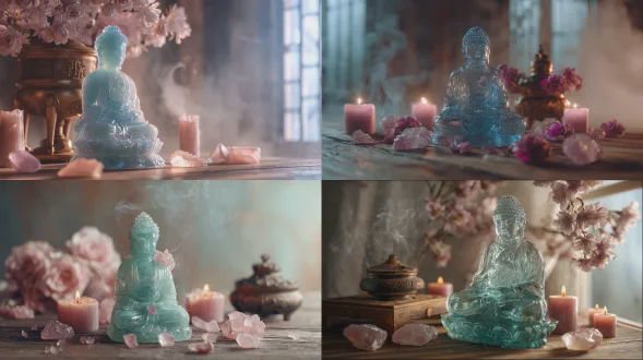 冰魄绿色水晶佛像静坐冥想，水晶袈裟半透明发光，上方花朵枝繁茂盛开，三支粉色石英蜡烛温暖烛光，木桌上散落原石玫瑰晶，古朴香炉微烟袅袅，梦幻粉色调+米色柔光，极致细节，电影级浅景深，窗外体视光，超现实质感，宁静灵性氛围，8k摄影级，杰作