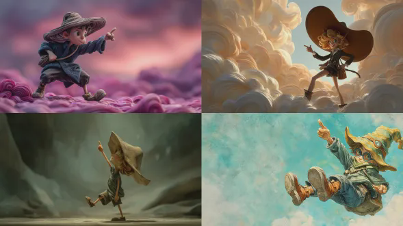 一种异想天开的皮克斯风格3d乔乔风格姿势，采用柔和色调：一个戴着超大帽子的小冒险家儿童戏剧性地向后倾斜，一条腿弯曲，一只手向上指，梦幻异想天开的背景，风格化的电影氛围。