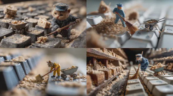 沿着布满灰尘的键盘的宽视角：穿着制服的小猫工人在巨大的按键间推扫帚，擦拭空格键顶部，附近有一辆装满面包屑的微型独轮车；用尼康d850拍摄，采用1:1微距镜头，漫射式台灯照明，呈现照片级写实细节