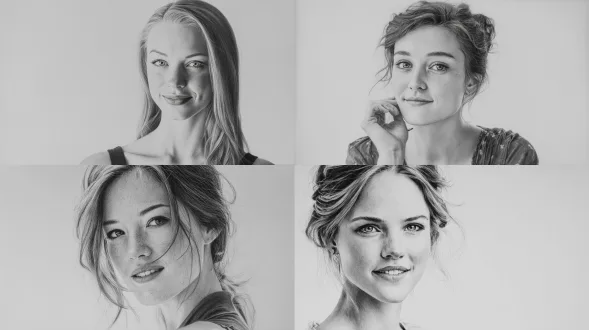 超写实铅笔和木炭绘制的肖像，描绘一位20多岁优雅美丽的美国/高加索女性，表情优雅温暖，面部特征柔和，梳理整齐的头发自然飘动，面容整洁，微微微笑，姿势放松，胸以上构图，四分之三视角。采用精细石墨纹理与丰富木炭阴影渲染，高对比度，具逼真细节，柔光照射，纯白色背景带精致阴影，黑白风格，达工作室级 realism。