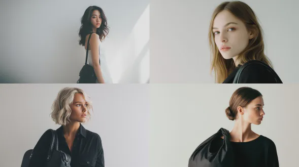 写实工作室照片，斯堪的纳维亚时尚女孩，右肩挎黑色手提包，侧视图，极简主义，中性表情，自然光线，柔和阴影，干净白色背景，高分辨率，50mm定焦镜头，软光，时尚编辑风格，低调优雅，无商标，无图案，冷色调，简约构图，专业打光，细节清晰，真实质感