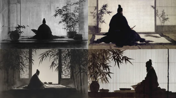 传统东亚水墨画，从正面所见诸葛亮的室内剪影，坐于低矮书桌旁，摊开着卷轴，手持羽扇，窗户展现出微弱的月光与竹影，以极为简洁的线条凸显其沉稳姿态，白宣纸之上的黑色墨汁，柔和的笔触，无文字，无水印