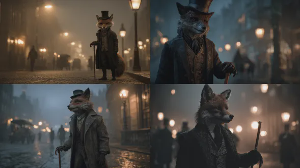 一只狐狸打扮成维多利亚时代的绅士，手里拿着拐杖，站在雾蒙蒙的伦敦街道上。电影般的灯光，高度精细的毛发纹理