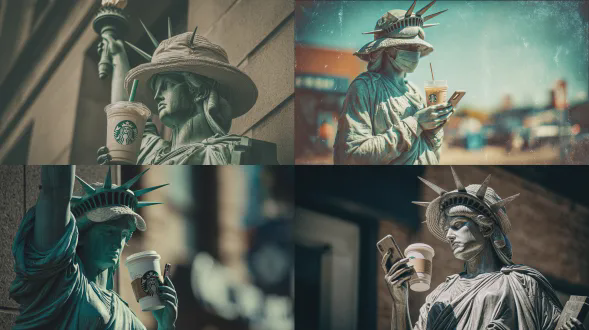 自由女神像手持星巴克冰拿铁代替火炬，戴时髦渔夫帽看iphone，中景镜头，一次性相机风格，胶卷颗粒感，复古色调，倾斜构图，自然光，城市背景，幽默反差，生活化场景，浅景深，柔和阴影，轻松氛围，现代与经典结合。