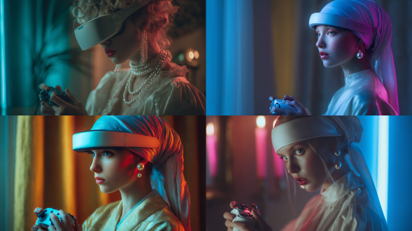 戴珍珠耳环的少女戴着白色未来感vr头显，手持游戏手柄，柔和窗光与霓虹蓝光交织，电影感构图，伦勃朗光，赛博朋克风格，高细节纹理，浅景深，50mm镜头，冷色调与暖色碰撞，静谧与科技感交融，珍珠耳环反光，柔焦背景，混合照明，未来古典主义，沉思表情。