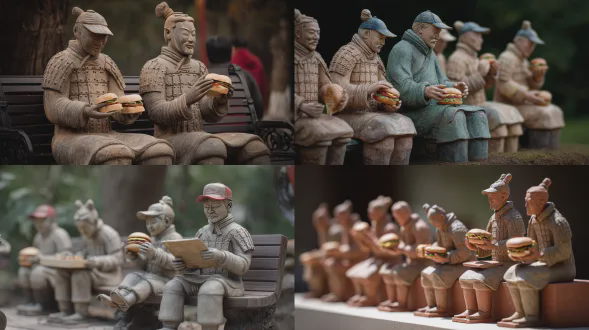 兵马俑坐公园长椅吃双层芝士汉堡，反戴棒球帽，现代与历史碰撞，自然光，生活化场景，写实风格，中焦镜头，浅景深，抓拍瞬间，轻松诙谐，暖色调，细节丰富，材质对比，粗糙陶俑与光滑汉堡，幽默反差，历史文物融入日常。
