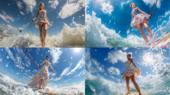 "现代版《维纳斯的诞生》，女性站在冲浪板上穿越巨浪，碎花沙滩裙，手持自拍杆，自信微笑，阳光明媚的海滩，广角镜头，高动态范围，飞溅水花，运动模糊，明亮色调，自然光，逆光拍摄，活力四射，海浪翻滚，蓝天白云，细节丰富，生动活泼。"