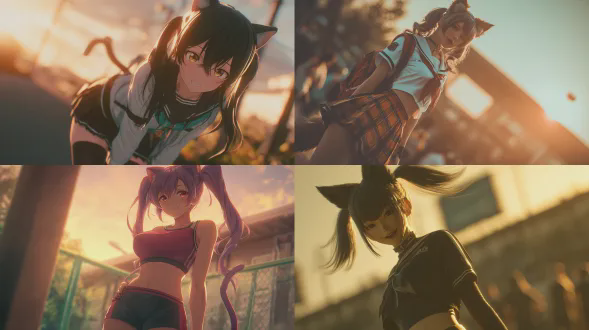 女性猫女，高中生外貌，猫耳与双尾，运动型身材，宽肩，动漫风格，校园背景，黄昏光线，动态姿势，长焦镜头，柔和阴影，鲜艳色彩，自信微笑，制服细节，尾巴摆动，活力四射，特写构图，浅景深，温暖色调，青春气息