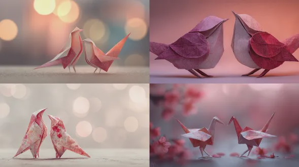 一对折纸鸟紧密栖息，白色-粉红色-红色纸张，精细折痕边缘，淡雅背景留白，微距镜头，柔光照射，浅景深，浪漫氛围，简约构图，高细节纹理，暖色调，安静祥和