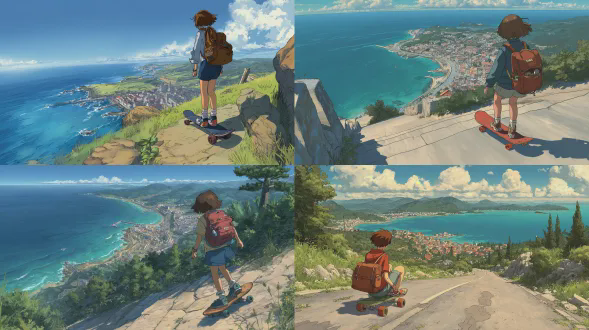 一幅马特博斯的卡通画，一位留着棕色短发且背着背包的女孩正在下山滑滑板，她右侧俯瞰着一片广阔海洋，前方可见一座沿海小镇，风格为动漫，风格类似吉卜力工作室，具有赛璐珞着色外观，8k分辨率
