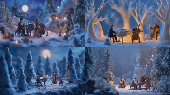微型冬季森林音乐会场景，男女大提琴手，男钢琴家，白雪覆盖的树木，微小逼真的人物，柔和的月光，电影化打光，浅景深，超细节，魔幻氛围