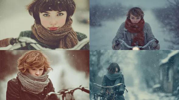 短发少女推着旧自行车穿过积雪小路，特写镜头，寒冷白色调，轻柔宁静怀旧氛围，胶片质感，微距镜头，浅景深，柔和侧光，雪花飘落，复古着装，围巾裹脸，忧郁表情，安静氛围，低饱和度，冷色调，细腻纹理，怀旧滤镜，慢快门，雪地足迹，静谧感。